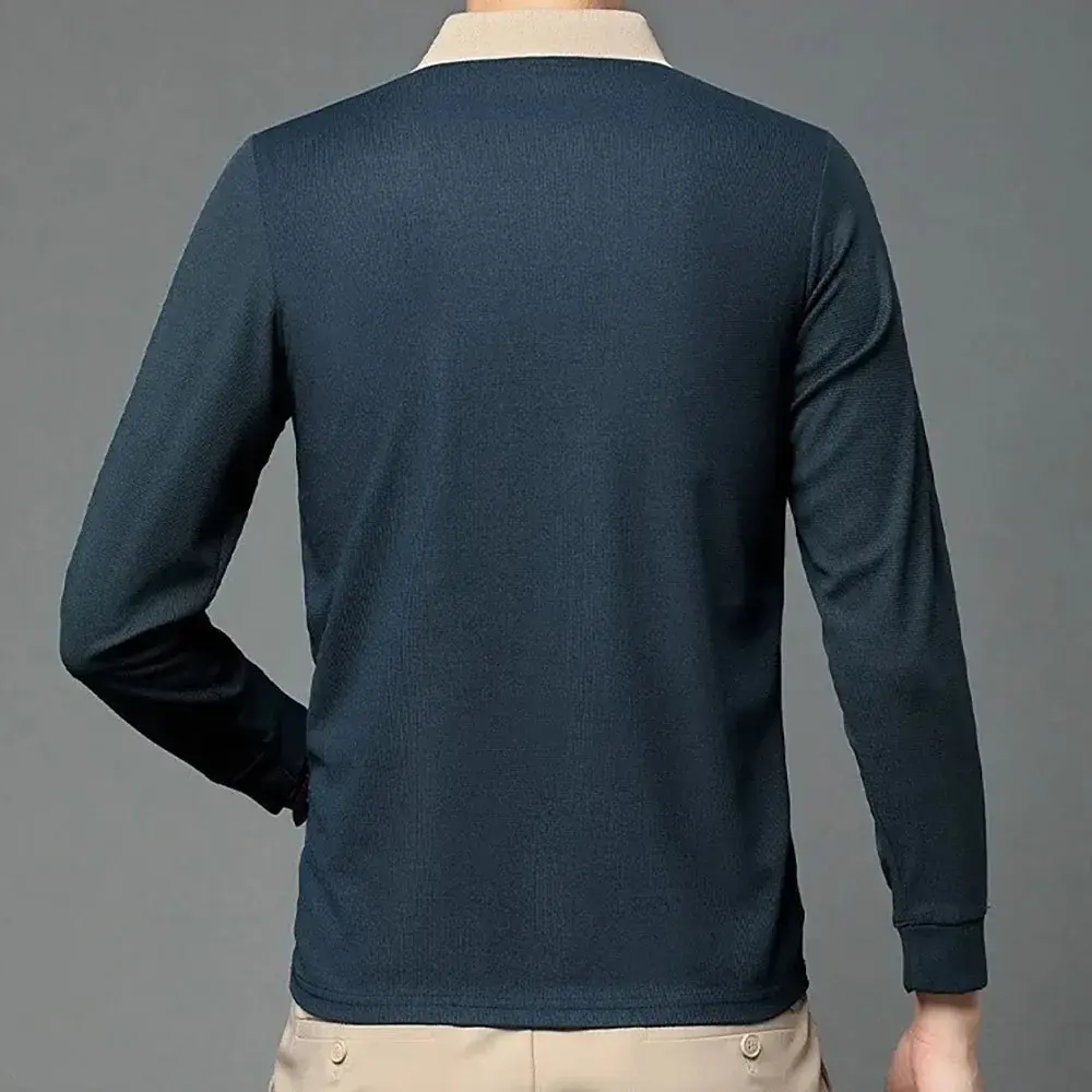 Men's Long Sleeve Polo Shirt Breathable Slim Fit Turn-down Collar T-Shirt Casual Basic Style Male Fashion Tops Contrast Color