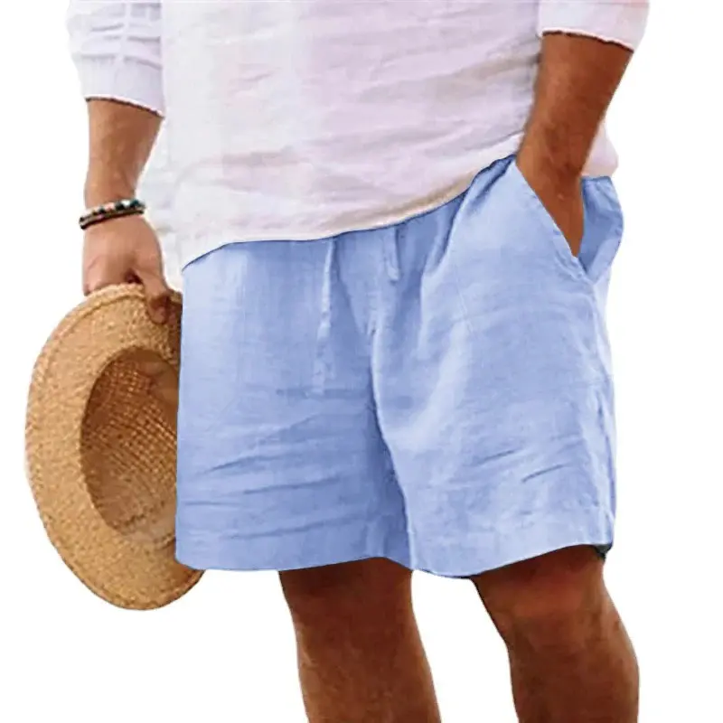 Men's Summer Shorts Drawstring Elastic Waist Breathable Lightweight Cotton Linen Casual Beach Style Hawaii Short Pants