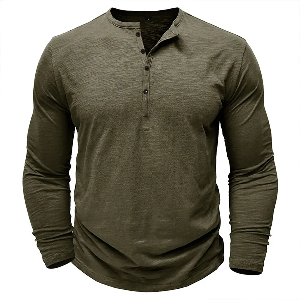 Men‘s Henley Neck Long Sleeve T-shirt Casual Breathable Lightweight Cotton Tops Male Solid Color Cozy Button Tees