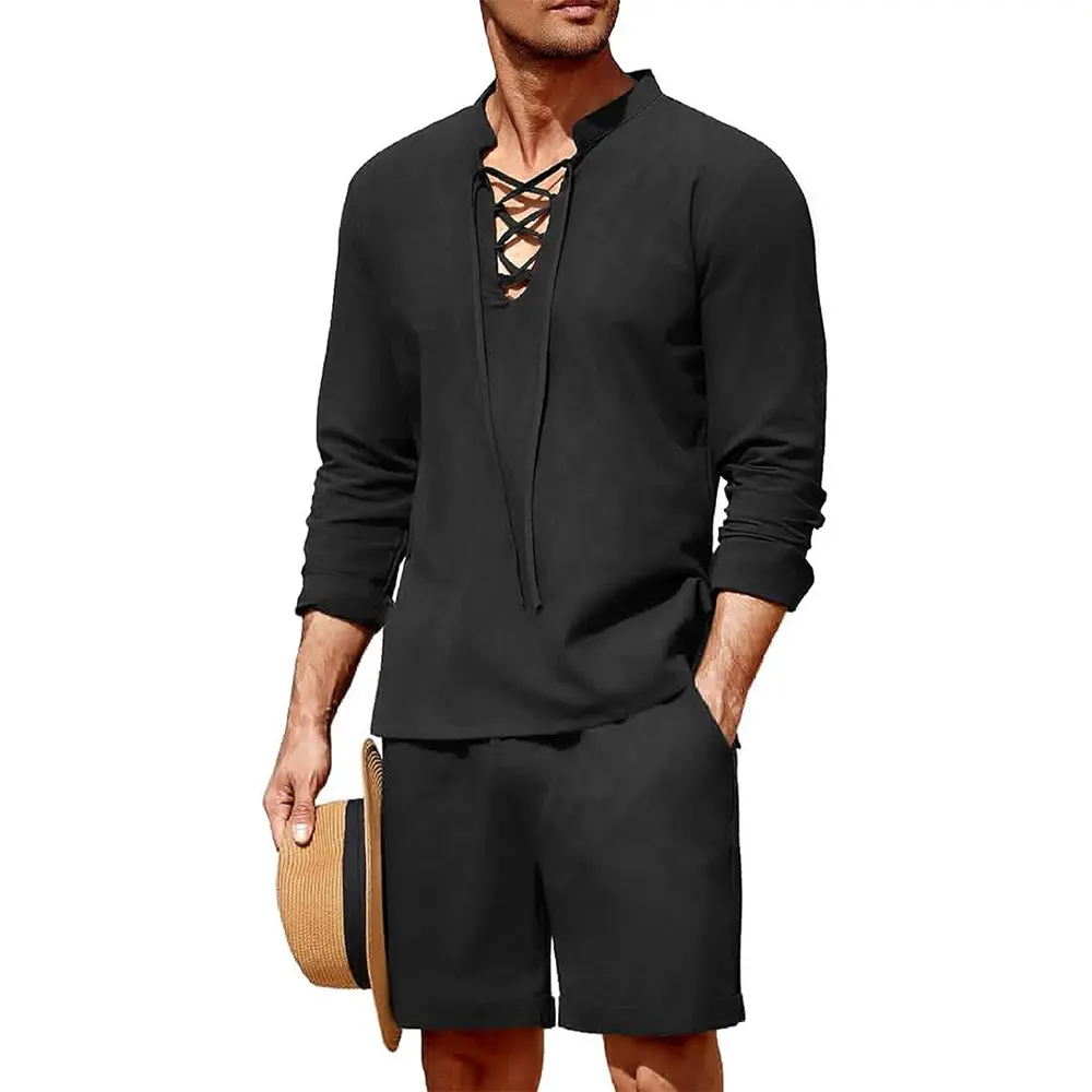 2 Pieces Men's Cotton Linen Set Summer Beach Outfit Henley Yoga Lace Up Long Sleeve Shirt and Short Hawaiian Shirts Summer