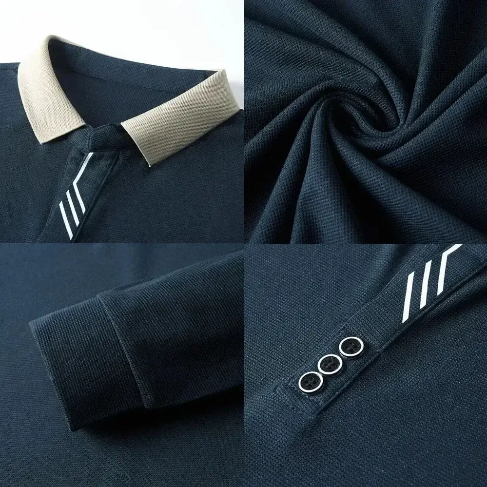 Men's Long Sleeve Polo Shirt Breathable Slim Fit Turn-down Collar T-Shirt Casual Basic Style Male Fashion Tops Contrast Color
