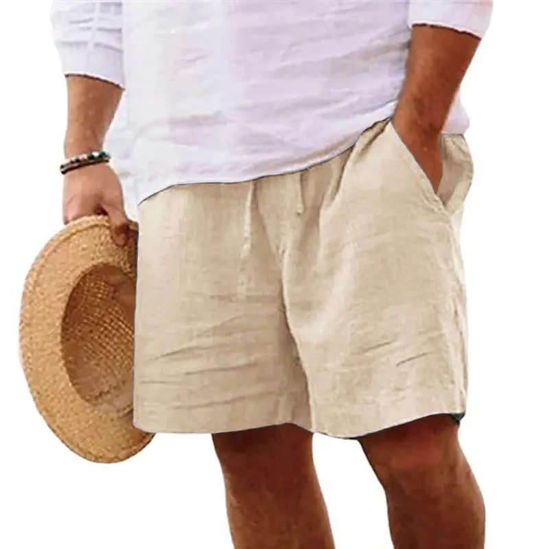 Men's Summer Shorts Drawstring Elastic Waist Breathable Lightweight Cotton Linen Casual Beach Style Hawaii Short Pants