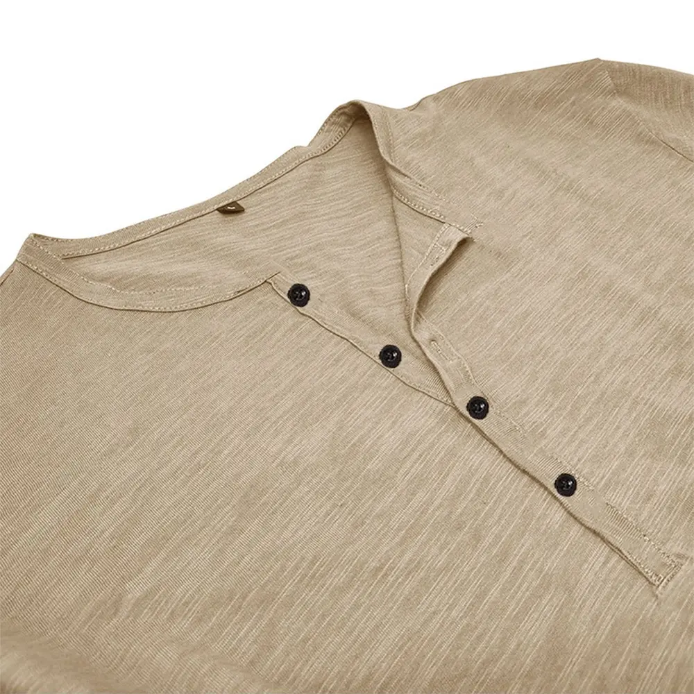 Men‘s Henley Neck Long Sleeve T-shirt Casual Breathable Lightweight Cotton Tops Male Solid Color Cozy Button Tees