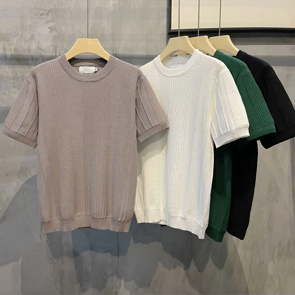 Men's Knit T-shirt Half Sleeve Heavyweight Summer Slim Fit Casual Striped T-shirt Knitwear Sleeve Korean Trend High Elastic