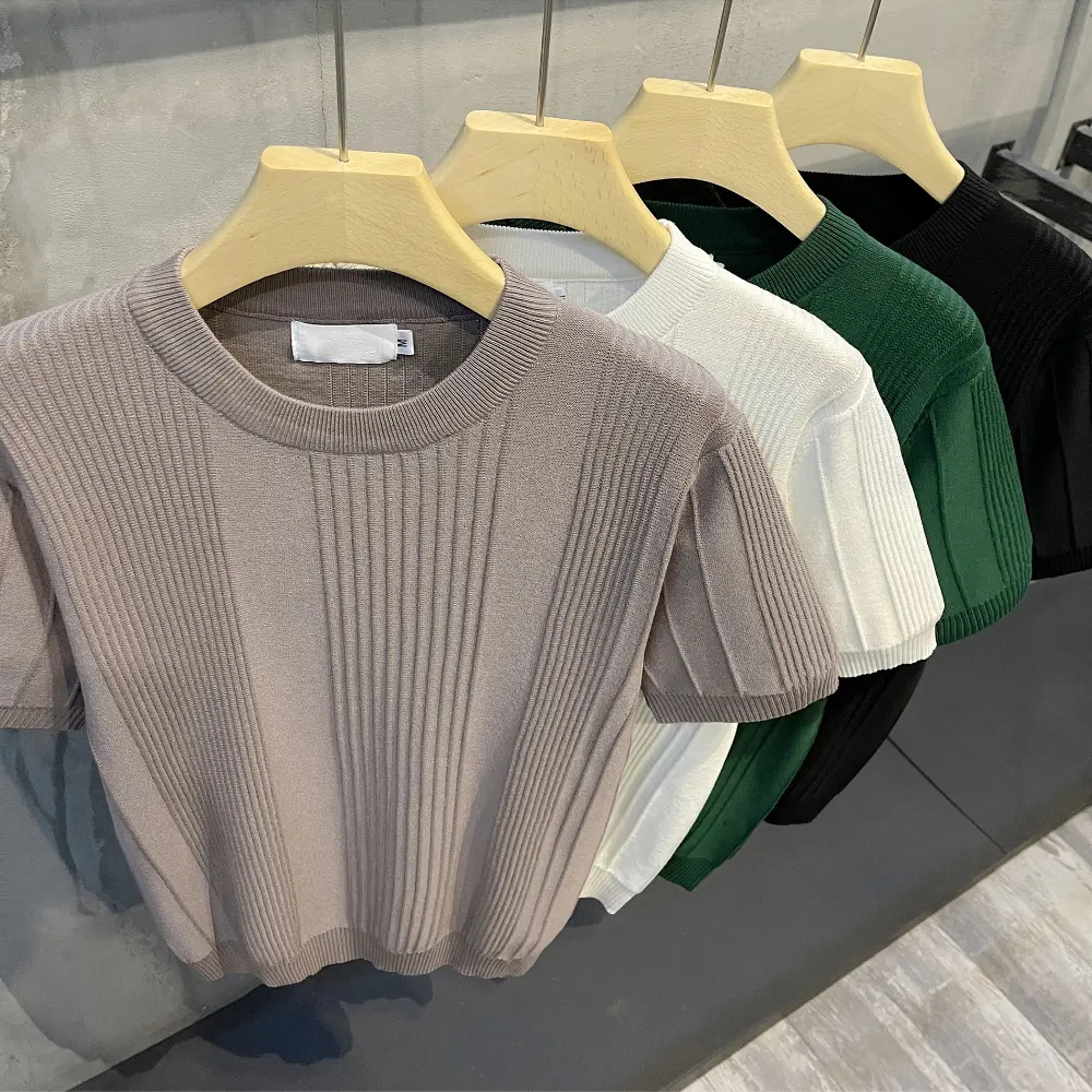 Men's Knit T-shirt Half Sleeve Heavyweight Summer Slim Fit Casual Striped T-shirt Knitwear Sleeve Korean Trend High Elastic
