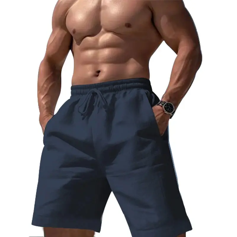 Mens Beach Shorts Casual Loose Knee Length Short Pants Summer Cotton and Linen Shorts Male New Gym Sports Trousers