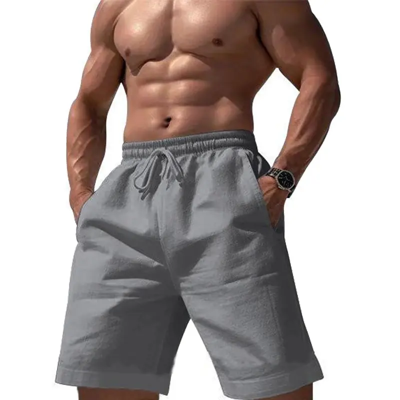 Mens Beach Shorts Casual Loose Knee Length Short Pants Summer Cotton and Linen Shorts Male New Gym Sports Trousers