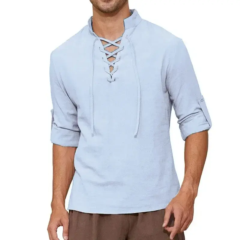 Men's Pirate Shirt Long Sleeve Cotton Linen Medieval Vintage Top Shirts Halloween Costume Cosplay Drawstring V-neck T-shirt