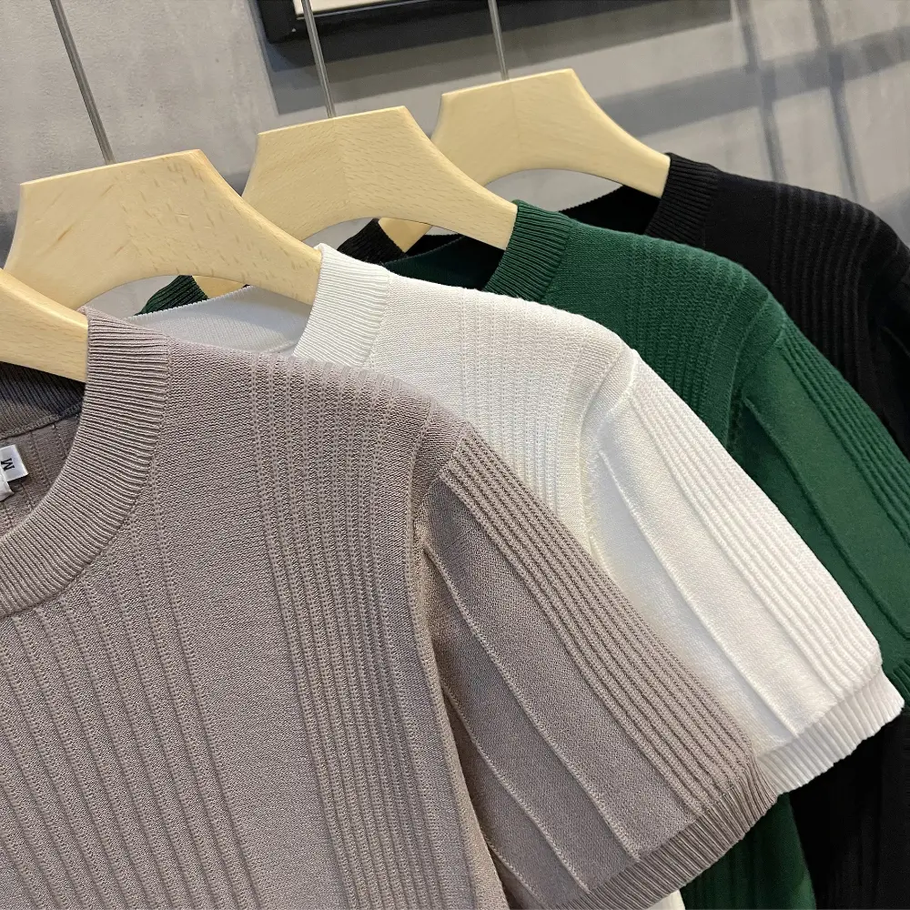 Men's Knit T-shirt Half Sleeve Heavyweight Summer Slim Fit Casual Striped T-shirt Knitwear Sleeve Korean Trend High Elastic