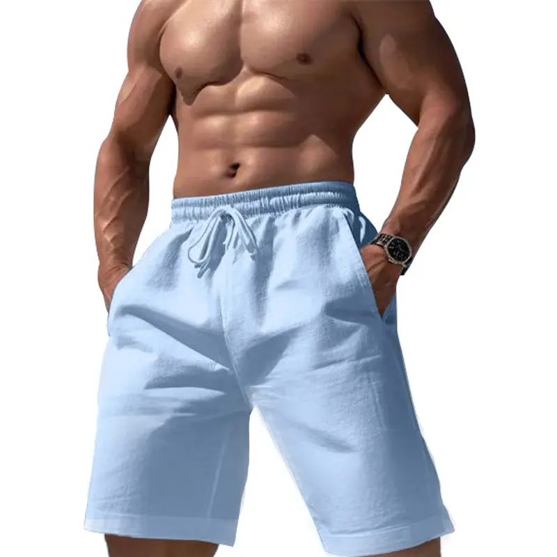 Mens Beach Shorts Casual Loose Knee Length Short Pants Summer Cotton and Linen Shorts Male New Gym Sports Trousers