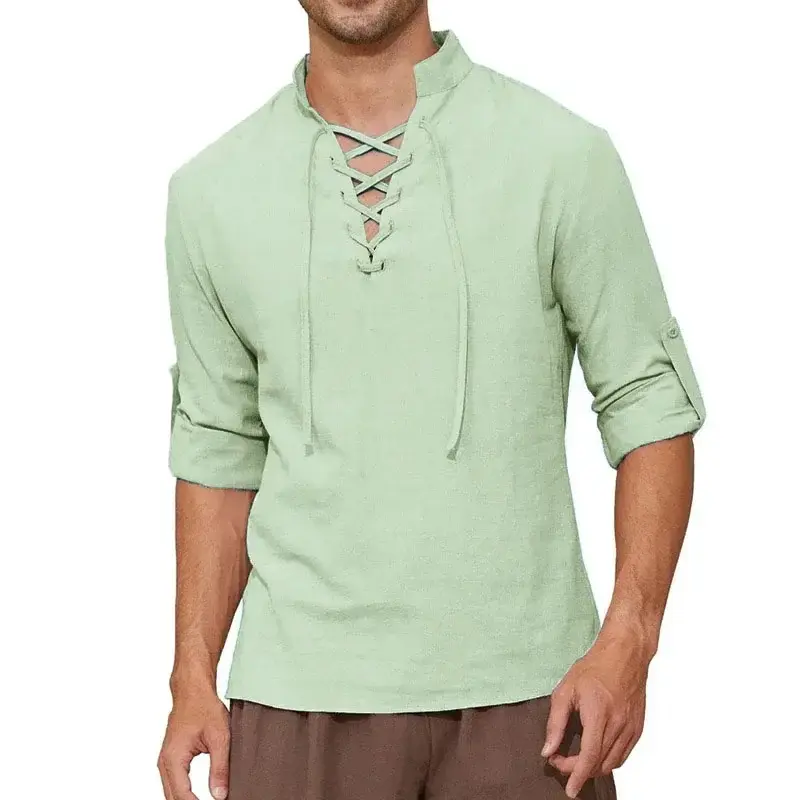 Men's Pirate Shirt Long Sleeve Cotton Linen Medieval Vintage Top Shirts Halloween Costume Cosplay Drawstring V-neck T-shirt