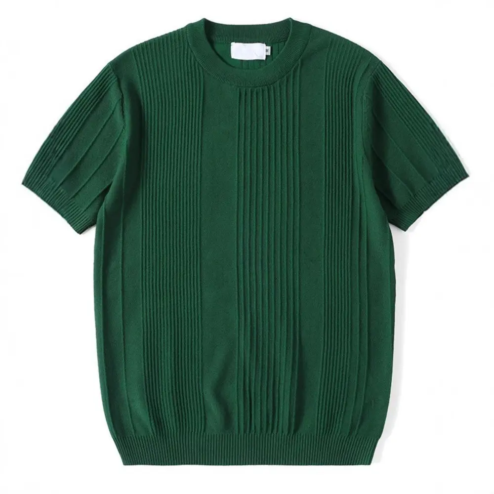 Men's Knit T-shirt Half Sleeve Heavyweight Summer Slim Fit Casual Striped T-shirt Knitwear Sleeve Korean Trend High Elastic