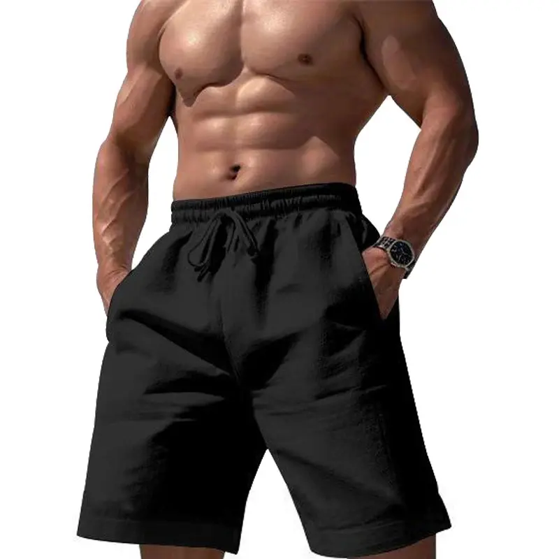Mens Beach Shorts Casual Loose Knee Length Short Pants Summer Cotton and Linen Shorts Male New Gym Sports Trousers