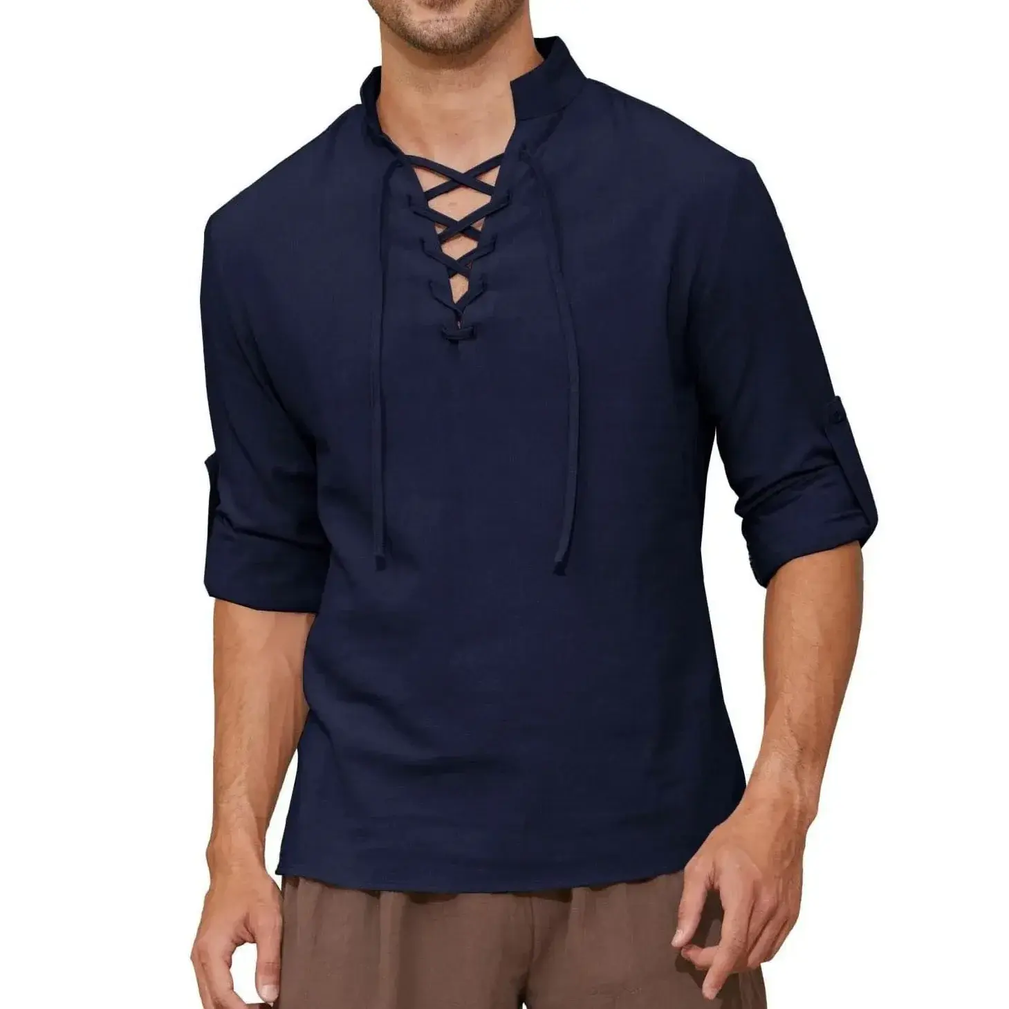 Men's Pirate Shirt Long Sleeve Cotton Linen Medieval Vintage Top Shirts Halloween Costume Cosplay Drawstring V-neck T-shirt
