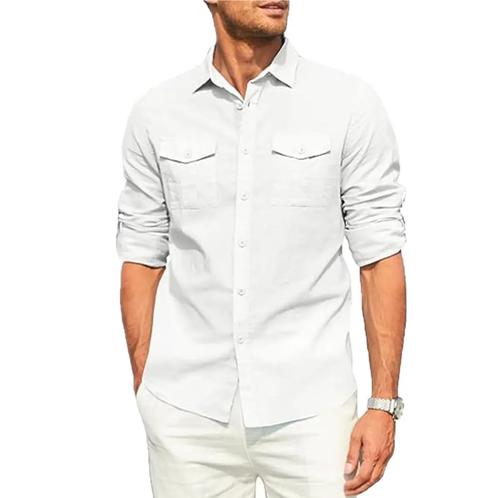 Men's Shirt Double Pocket Cotton Linen Long Sleeve Shirt Casual Holiday Shirt Simple Lapel Solid Cargo Shirts Tops Blouses