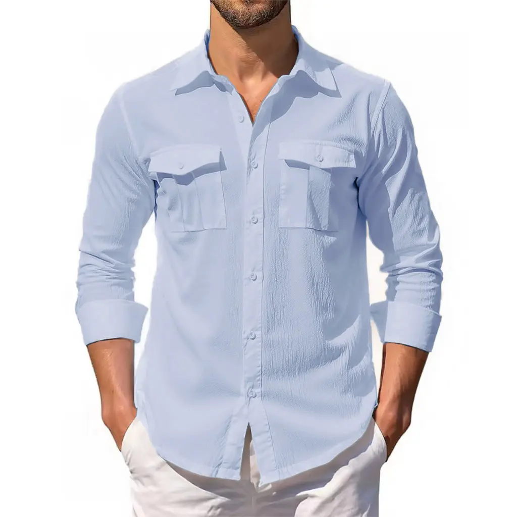 Men's Cotton Linen Shirt Single Breasted Double Pocket Tops Turn-down Collar Long Sleeve Casual Breathable Stylish Shirts