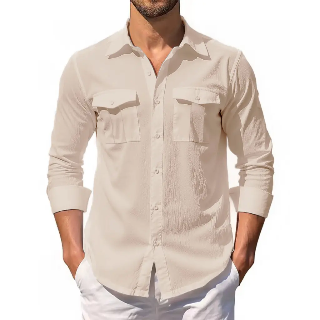 Men's Cotton Linen Shirt Single Breasted Double Pocket Tops Turn-down Collar Long Sleeve Casual Breathable Stylish Shirts