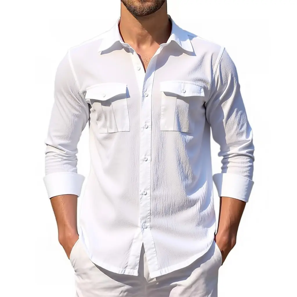 Men's Cotton Linen Shirt Single Breasted Double Pocket Tops Turn-down Collar Long Sleeve Casual Breathable Stylish Shirts