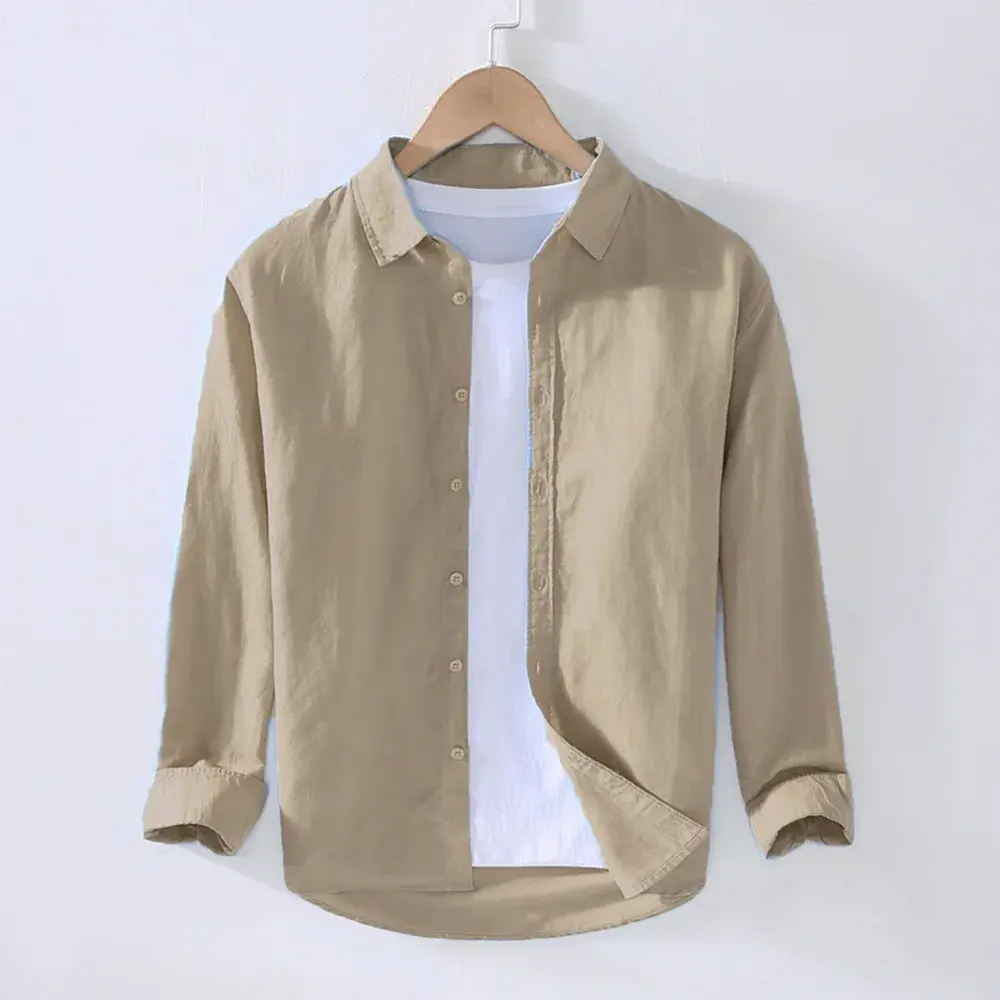 Autumn New Men's Shirt Cotton Linen Cozy Tops Men Casual Turn Down Collar Beach Shirt Male Long Sleeve Solid Hawaiian Shirts