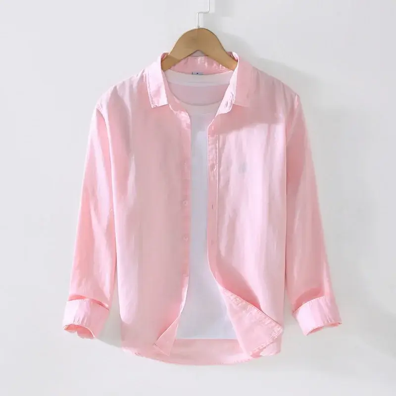 Autumn New Men's Shirt Cotton Linen Cozy Tops Men Casual Turn Down Collar Beach Shirt Male Long Sleeve Solid Hawaiian Shirts
