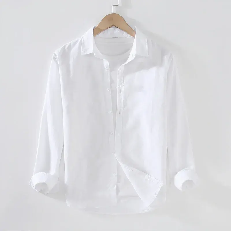 Autumn New Men's Shirt Cotton Linen Cozy Tops Men Casual Turn Down Collar Beach Shirt Male Long Sleeve Solid Hawaiian Shirts