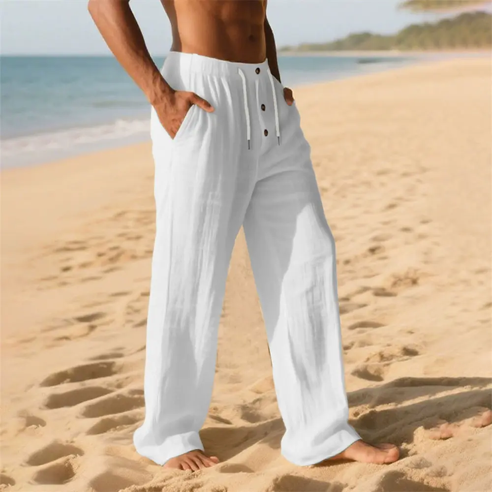Men's Cotton Trousers Breathable Lightweight Beach Style Hawaii Baggy Long Pants Solid Color Spring Summer Elastic Waist Pants