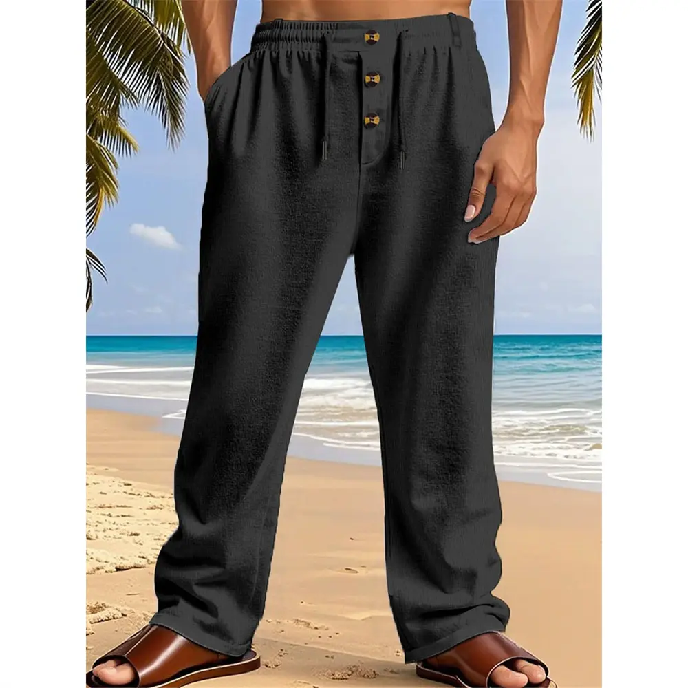 Men's Cotton Trousers Breathable Lightweight Beach Style Hawaii Baggy Long Pants Solid Color Spring Summer Elastic Waist Pants