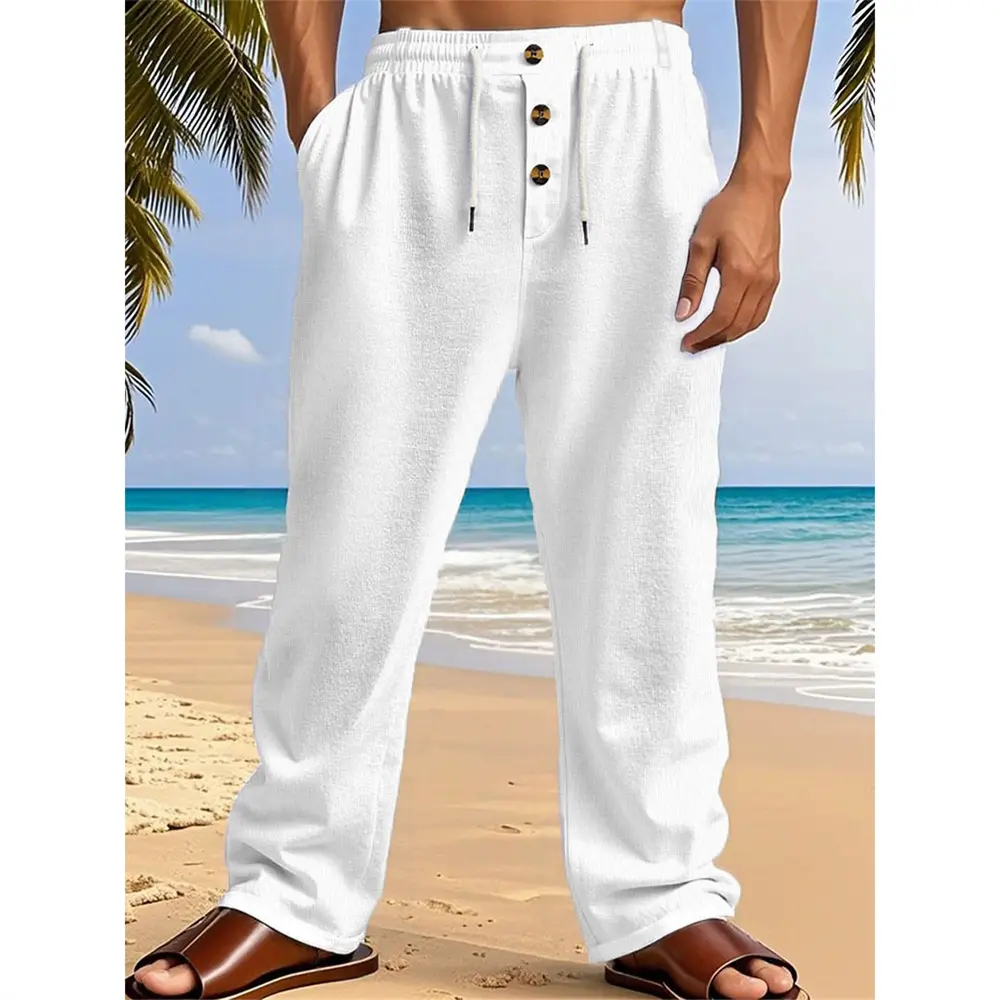 Men's Cotton Trousers Breathable Lightweight Beach Style Hawaii Baggy Long Pants Solid Color Spring Summer Elastic Waist Pants