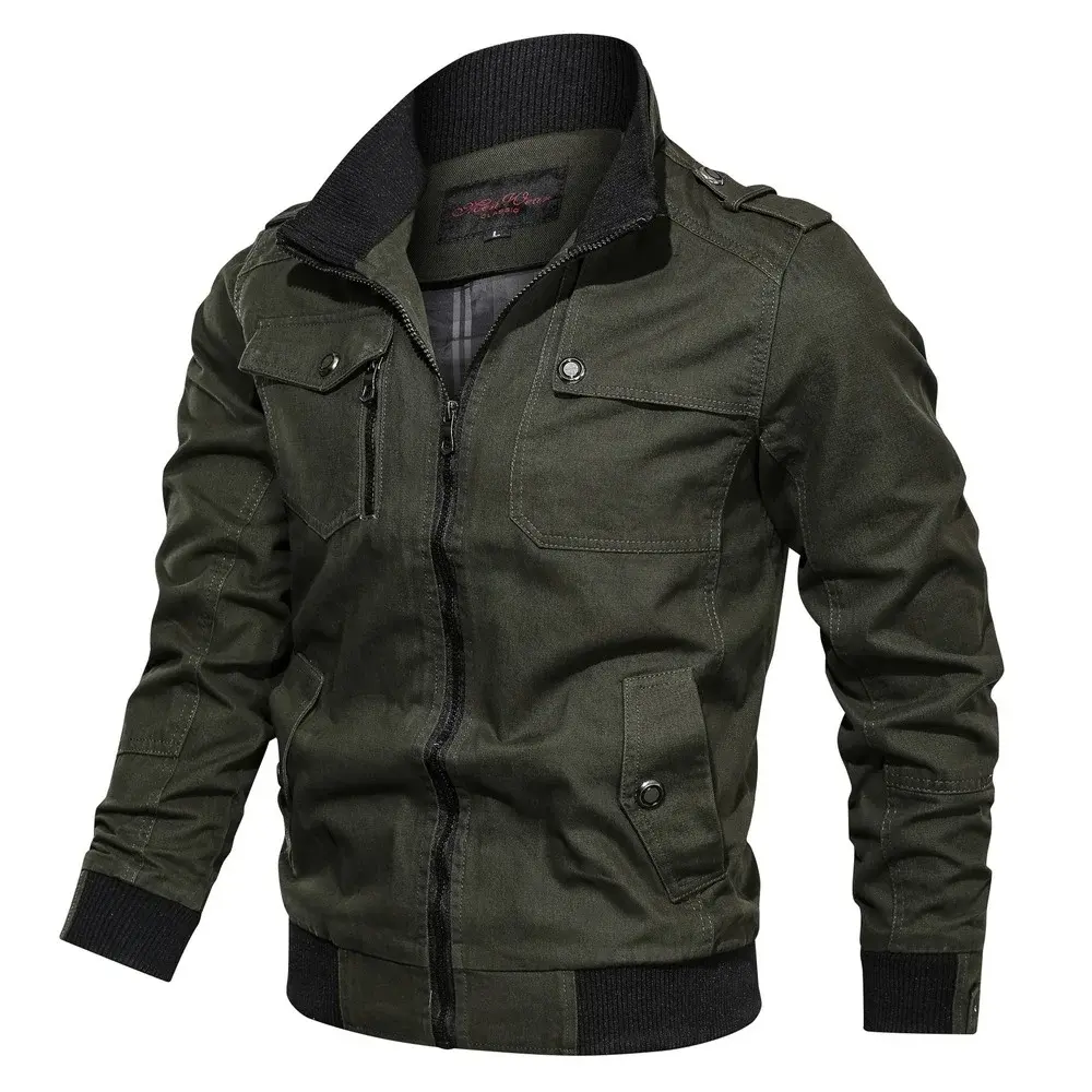 Casual Solid Color Jacket Zipper Pocket Stand Collar Large Coat Men's Pure Cotton Thin Autumn Top Outdoor Jackets