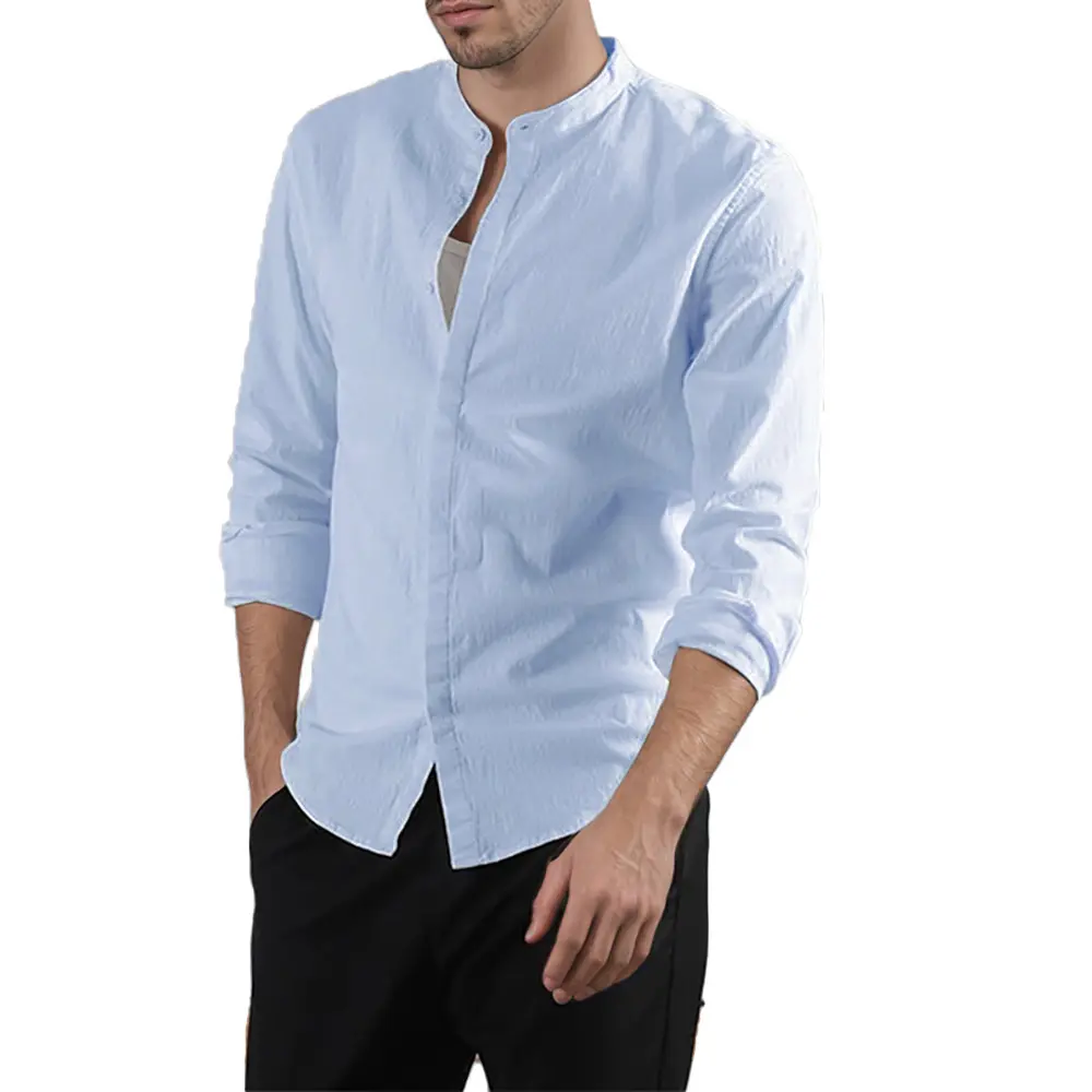 Men's Henley Neck Shirt Long Sleeve Slim Fit Stylish Lightweigth Breathable Tops Solid Color Single Breasted Cotton Linen Shirts