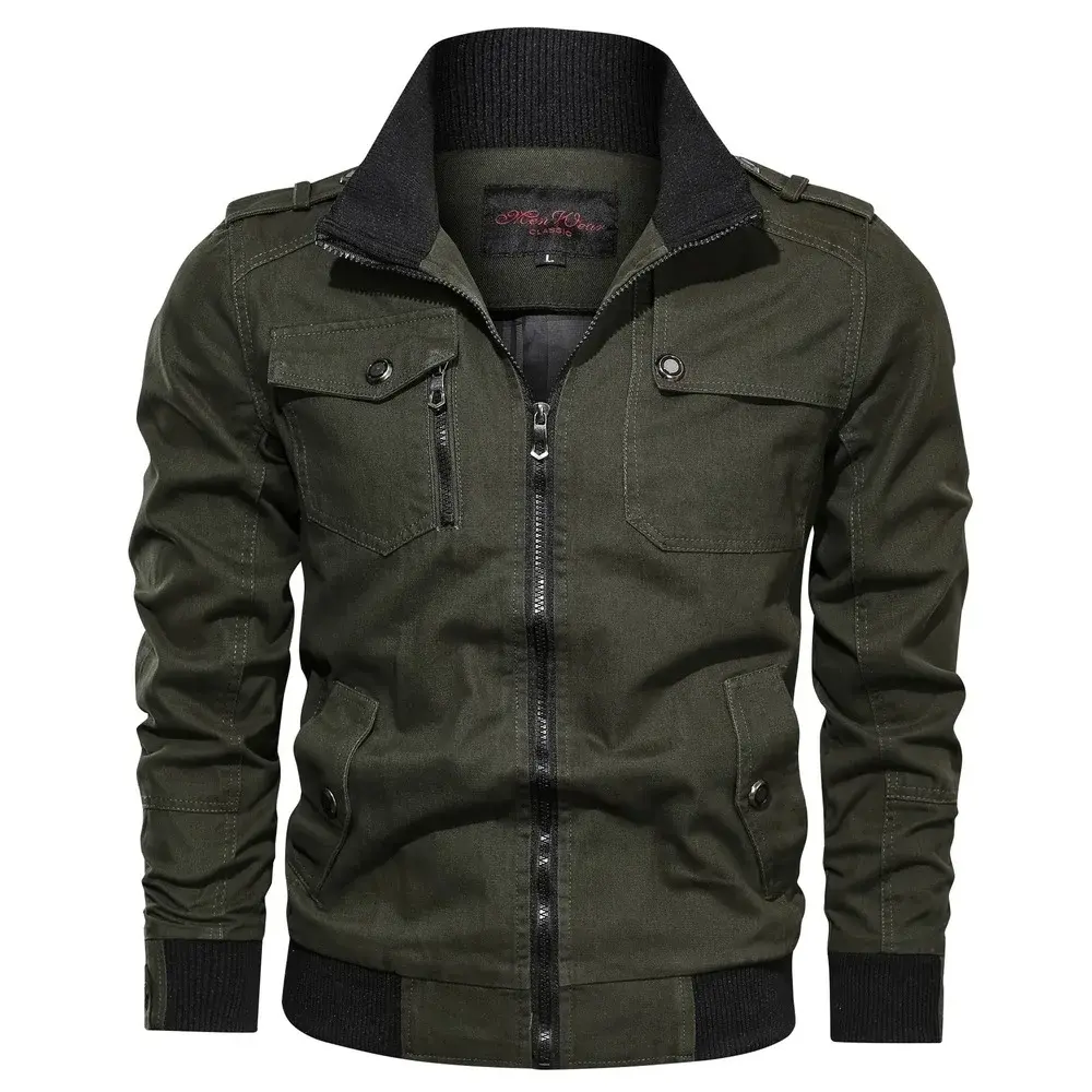 Casual Solid Color Jacket Zipper Pocket Stand Collar Large Coat Men's Pure Cotton Thin Autumn Top Outdoor Jackets