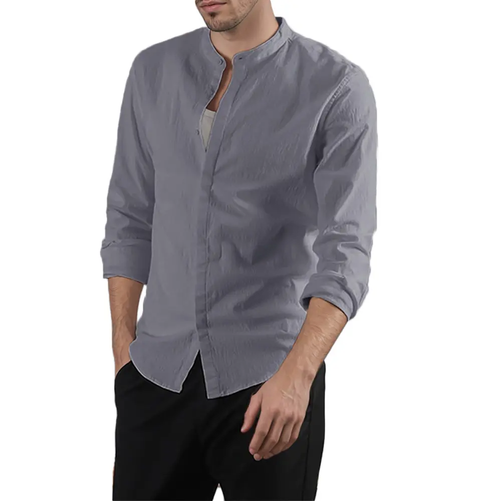 Men's Henley Neck Shirt Long Sleeve Slim Fit Stylish Lightweigth Breathable Tops Solid Color Single Breasted Cotton Linen Shirts