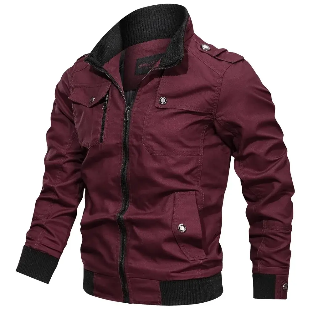 Casual Solid Color Jacket Zipper Pocket Stand Collar Large Coat Men's Pure Cotton Thin Autumn Top Outdoor Jackets