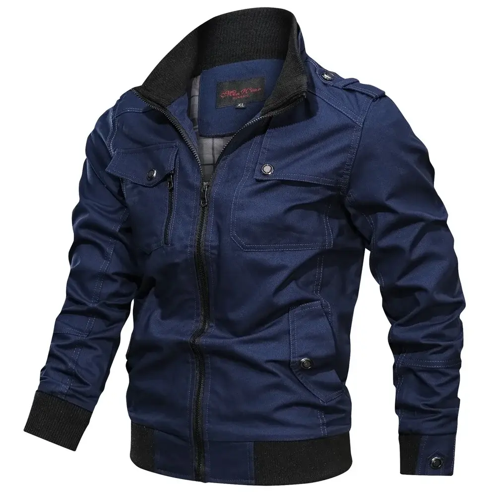 Casual Solid Color Jacket Zipper Pocket Stand Collar Large Coat Men's Pure Cotton Thin Autumn Top Outdoor Jackets