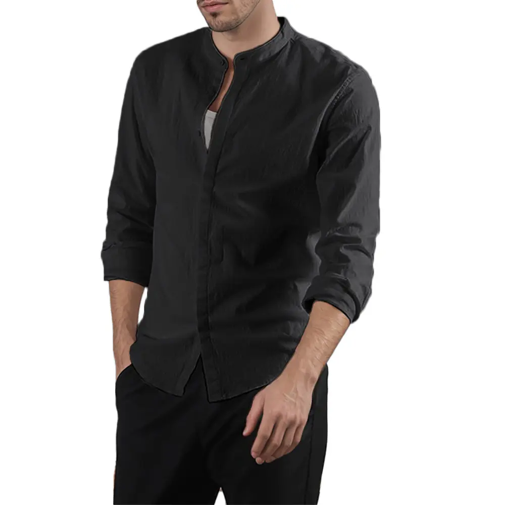 Men's Henley Neck Shirt Long Sleeve Slim Fit Stylish Lightweigth Breathable Tops Solid Color Single Breasted Cotton Linen Shirts