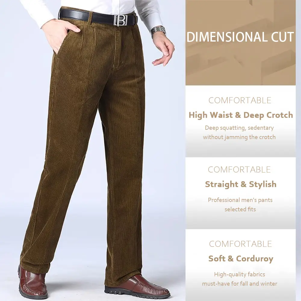 Men's Autumn Winter Pants Heavyweight Corduroy Casual Straight Trousers Business Formal Pants Solid Color Thick