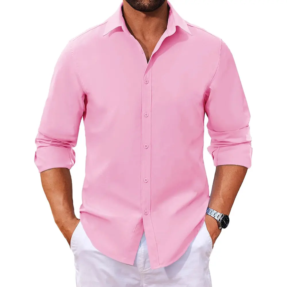 Spring Autumn Men's Shirt Long Sleeve Solid Color Casual Tops Lightweight Breathable Lapel Collar Vacation Cozy Shirts