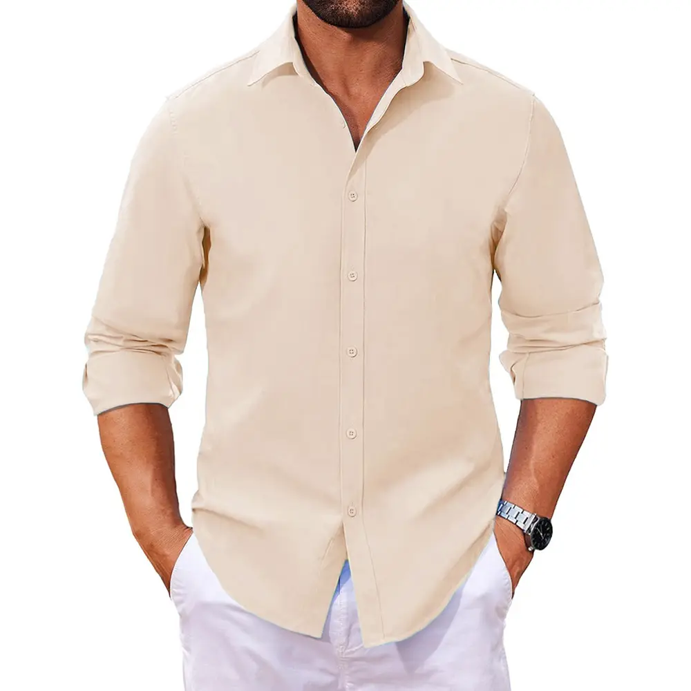 Spring Autumn Men's Shirt Long Sleeve Solid Color Casual Tops Lightweight Breathable Lapel Collar Vacation Cozy Shirts