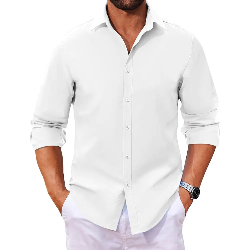 Spring Autumn Men's Shirt Long Sleeve Solid Color Casual Tops Lightweight Breathable Lapel Collar Vacation Cozy Shirts