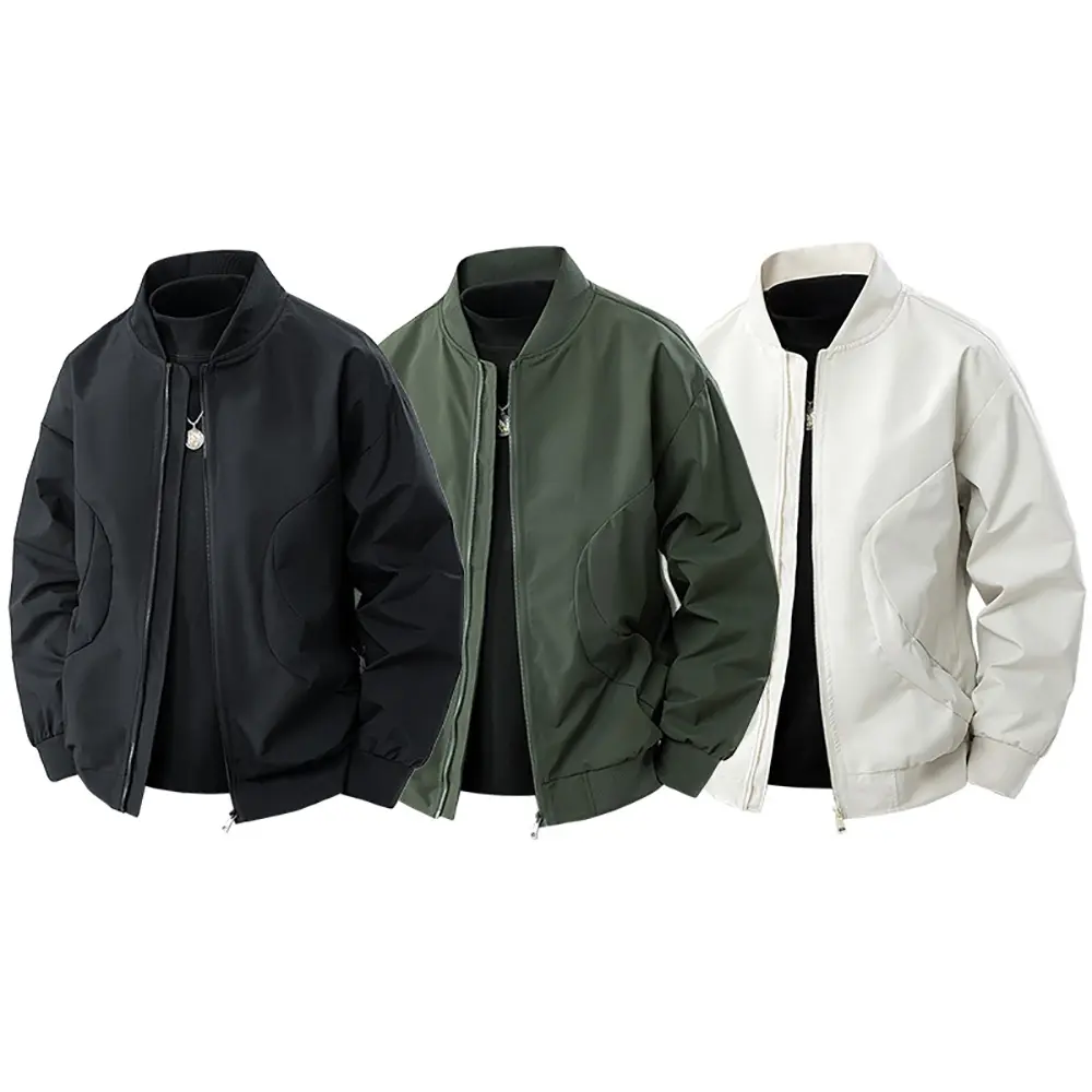 Spring New Men's Bomber Jacket Solid Color Pocket Zipper Fashion Baseball Jacket Simple Style Stand Collar Casual Streetwear