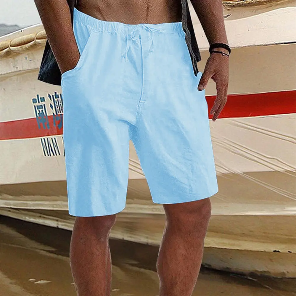 New Summer Men's Solid Short Casual Shorts Drawstring Breathable Beach Shorts Hawaii Pants Cotton linen Shorts