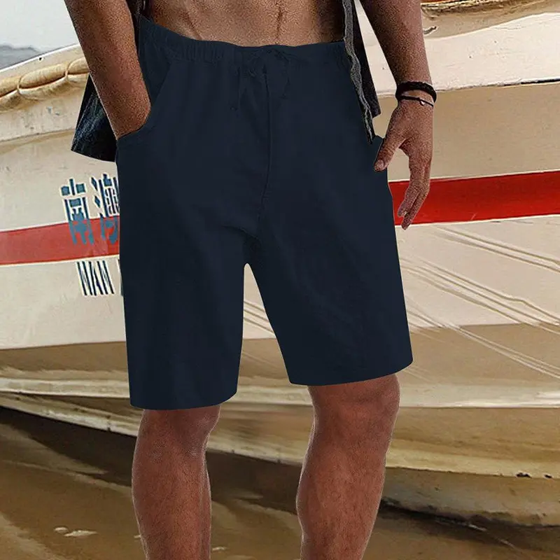 New Summer Men's Solid Short Casual Shorts Drawstring Breathable Beach Shorts Hawaii Pants Cotton linen Shorts