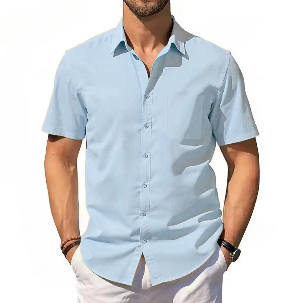 Men's Cotton Linen Shirt Summer Short Sleeve Button Up Hawaiian Lightweight Shirts Vacation Casual Lapel Collar Tops