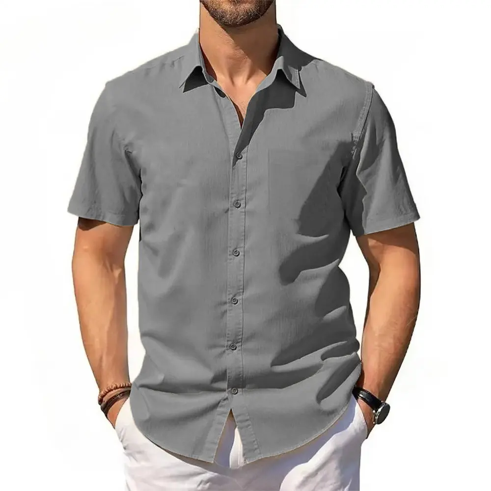 Men's Cotton Linen Shirt Summer Short Sleeve Button Up Hawaiian Lightweight Shirts Vacation Casual Lapel Collar Tops