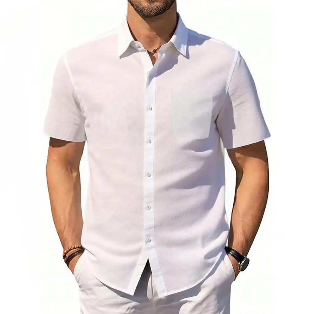 Men's Cotton Linen Shirt Summer Short Sleeve Button Up Hawaiian Lightweight Shirts Vacation Casual Lapel Collar Tops