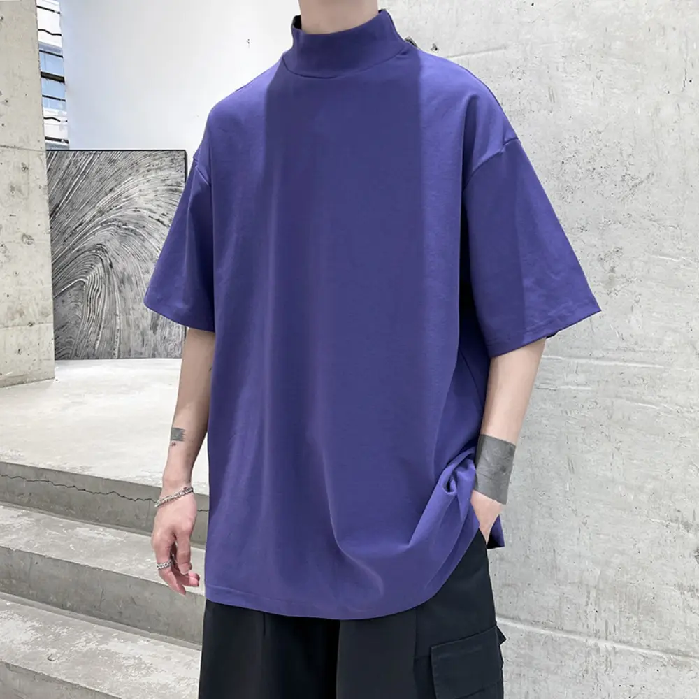 Heavyweight Small Half-neck Solid Color Four Seasons Bottom Loose Men's Short-sleeved T-shirt Harajuku Korean Fashion Loose