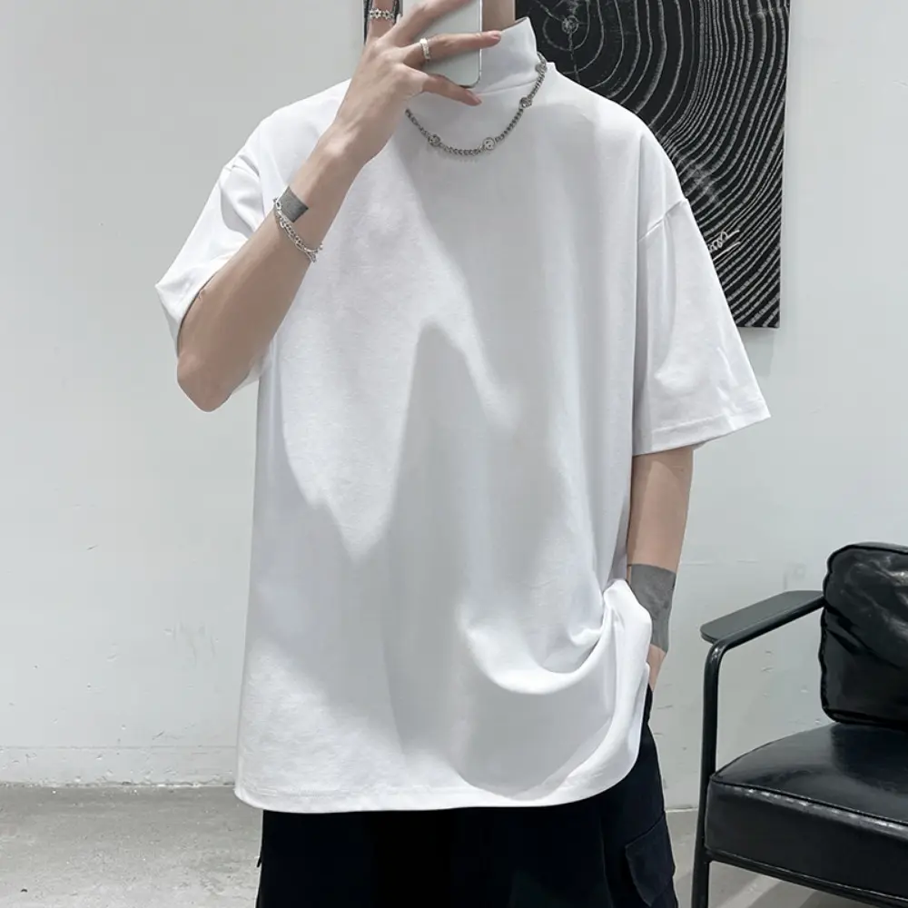 Heavyweight Small Half-neck Solid Color Four Seasons Bottom Loose Men's Short-sleeved T-shirt Harajuku Korean Fashion Loose