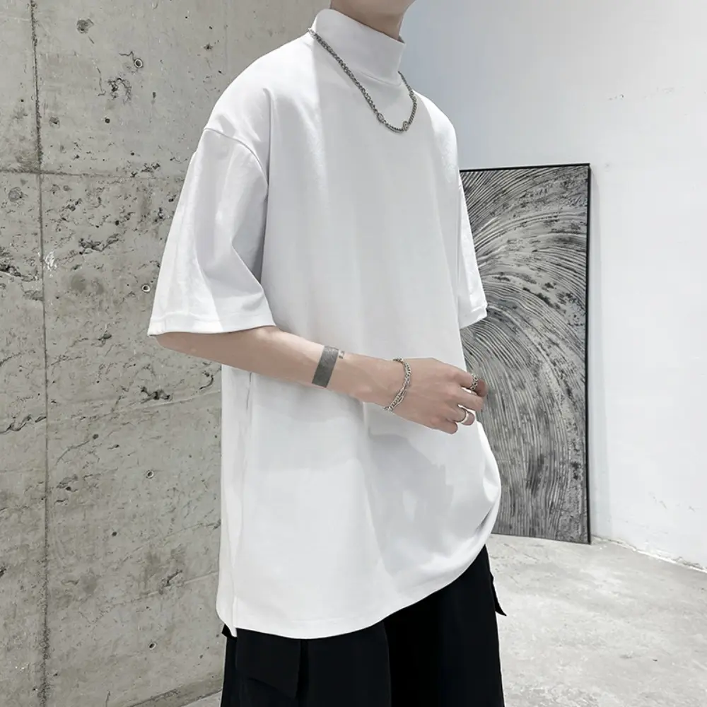Heavyweight Small Half-neck Solid Color Four Seasons Bottom Loose Men's Short-sleeved T-shirt Harajuku Korean Fashion Loose