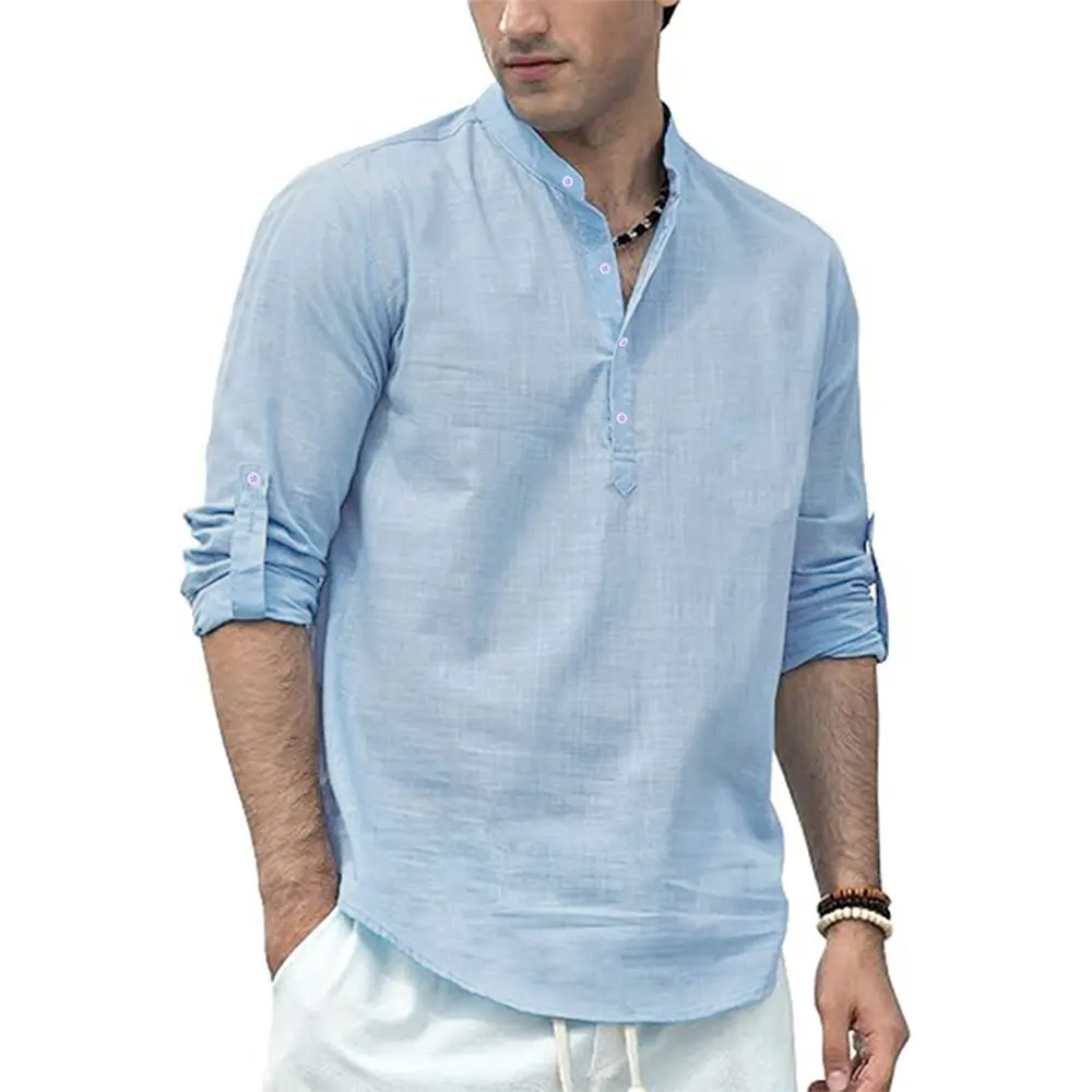 Men's Cotton Linen Long Sleeve Polo Shirt Lightweight Henley Neck Hawaiian Beach Style Solid Color Tops Vacation T-shirt