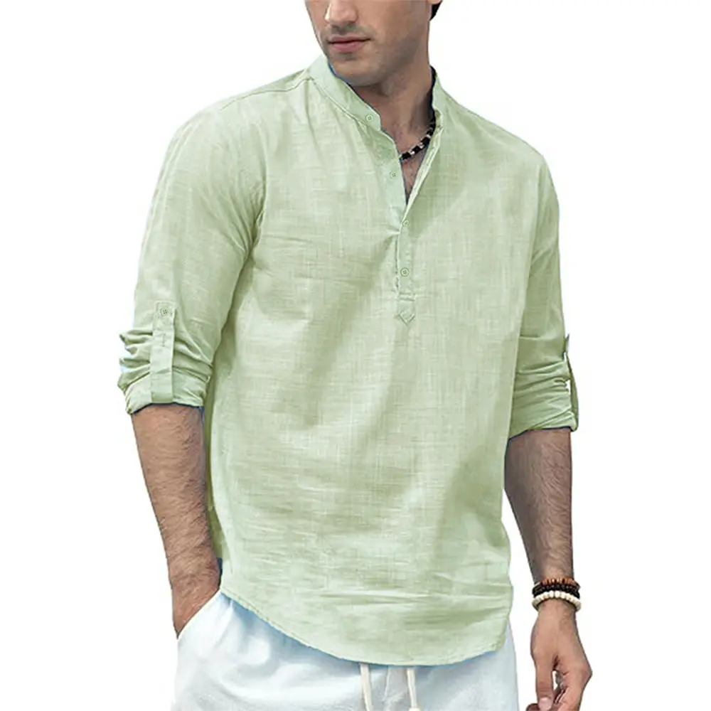 Men's Cotton Linen Long Sleeve Polo Shirt Lightweight Henley Neck Hawaiian Beach Style Solid Color Tops Vacation T-shirt